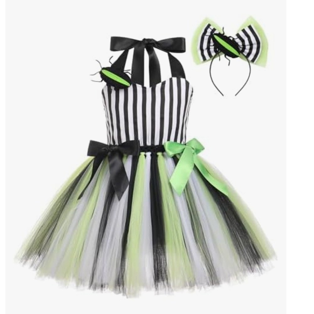 NWT kids Beetlejuice tutu Halloween Costume dress & headband sz 9/10